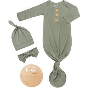Soft Baby Knot Gown 0-3 Months, Newborn Announcement Sleepers With Mitten Cuffs and Personalized Wooden Name Tag (Armygreen)