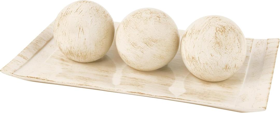 Creative Scents Rustic Luxe Decorative Tray and Orb Set - Centerpiece Table Decorations for Coffee Table Decor - Modern Farmhouse Decor - Decorative Accents Bowl with Balls for Dining Table Decor (Distressed White)