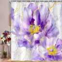 Purple Gold Marble Floral Shower Curtain, Abstract Texture Flower Fabric Shower Curtains, Modern Luxury Aesthetic Ink Art Decor Waterproof Polyester Bathroom Curtain with 12 Hooks, 72x72 Inch