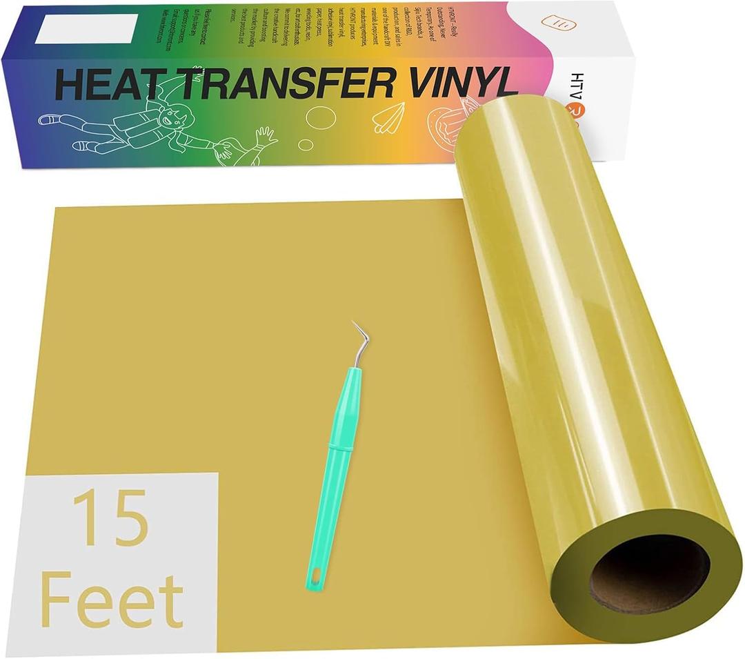 HTVRONT HTV Vinyl Rolls Heat Transfer Vinyl - 12" x 15ft Gold HTV Vinyl for Shirts, Iron on Vinyl for All Cutting Machines - Easy to Cut & Weed for DIY Heat Vinyl Design (Gold)