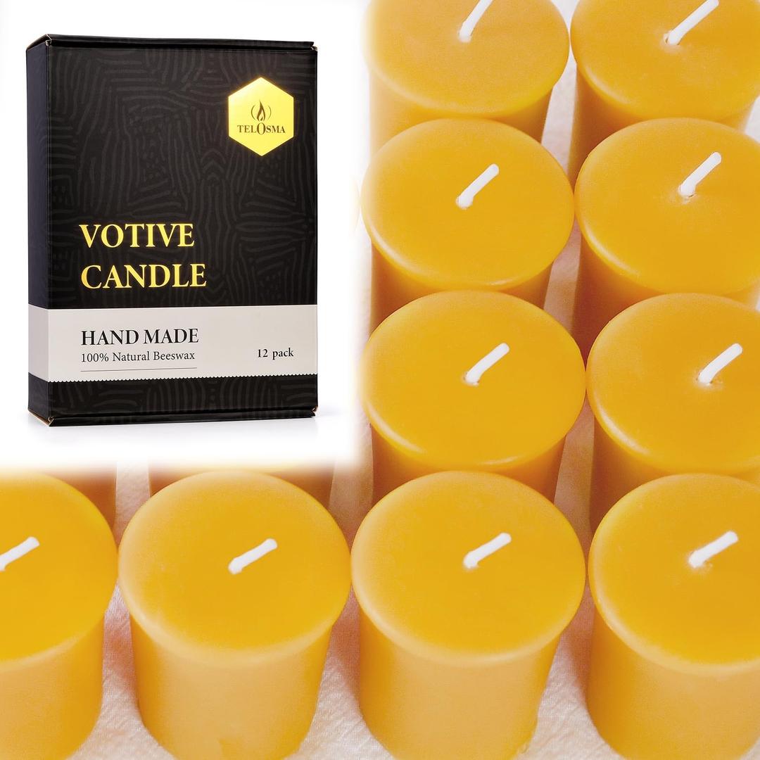 TELOSMA Organic Beeswax Votive Candles - Natural Scent Smokeless for Weddings, Restaurants, Parties, Spa and Decorations -Pack of 12, Yellow