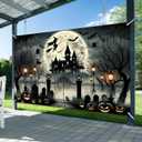 Halloween Witch Banner 71x43 Inch Backdrop with Haunted House, Bats, Pumpkins, Spider Webs, and Creepy Graveyard for Halloween Party Decorations Banner