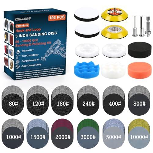 193Pcs 3 Inch Polishing Kit Hook and Loop Sanding Discs, Headlight Restoration Kit - 80 to 10000 Grits Wet Dry Sandpaper Buffing Sanding Pads with 1/4" 1/8" Shank, for Metal, Wood, Auto, Glass
