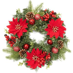 Adeeing 16 Inch Christmas Wreath, Outdoor Christmas Wreath with Red Artificial Poinsettia Flowers Ball Ornaments Pine Cones Berries for Door Wall Window Fireplace Home Holiday Decorations