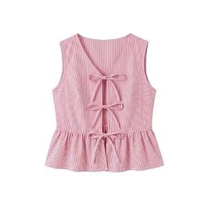 Avanova Women Tie Front Tank Tops Striped Peplum Blouse Red Small