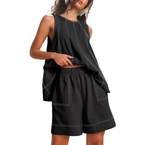Womens 2 Piece Lounge Set Casual Summer Outfits Sleeveless Tank Top and Elastic Waist Shorts with Pockets (Black, XS)