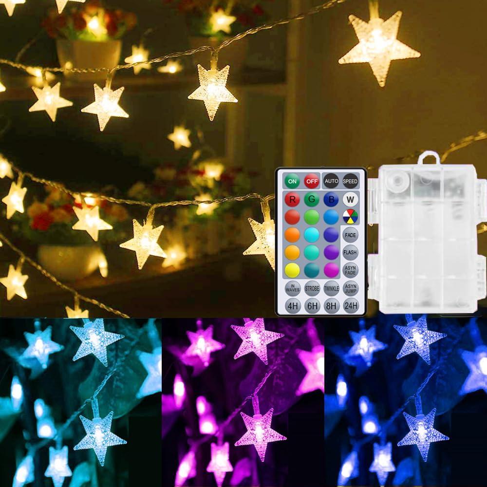 Solhice Star String Lights Battery Operated Color Changing 20ft, 40 LEDs Fairy Lights, Hanging Christmas Twinkle Lights with Remote for Outdoor Indoor Bedroom Dcor