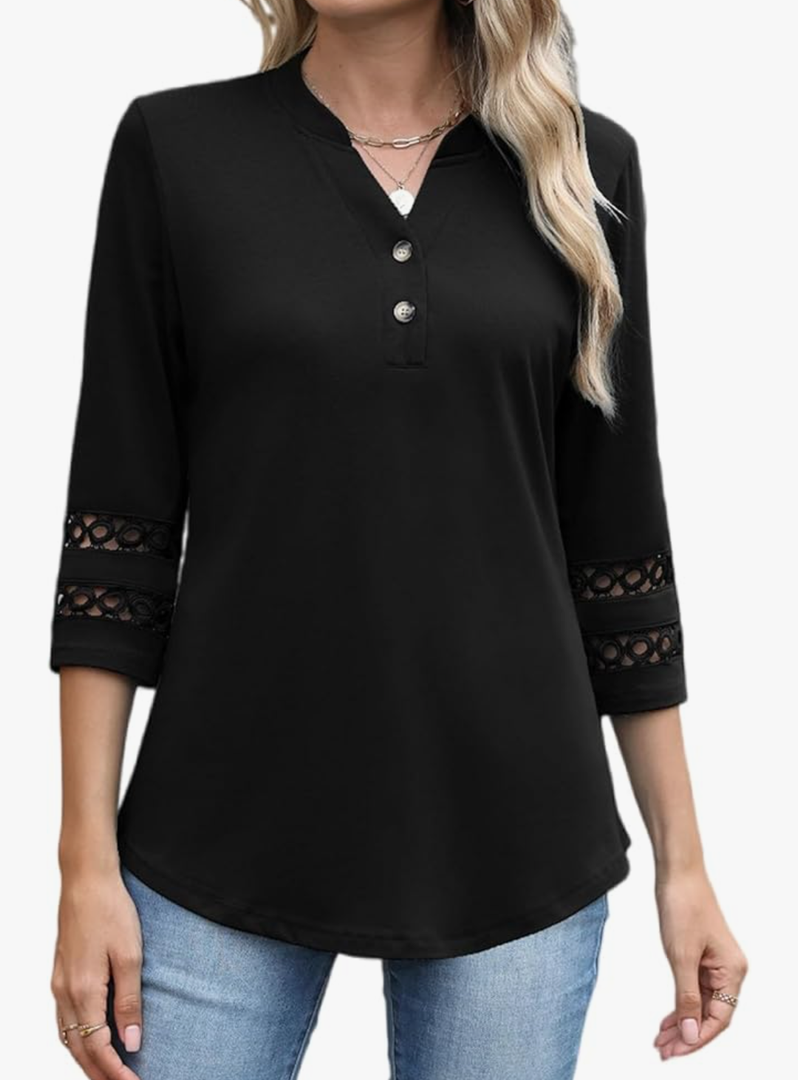 CiCiBird Womens 3/4 Sleeve Blouses Casual Button V Neck Shirt 2025 Trendy Tops (XL, Black)