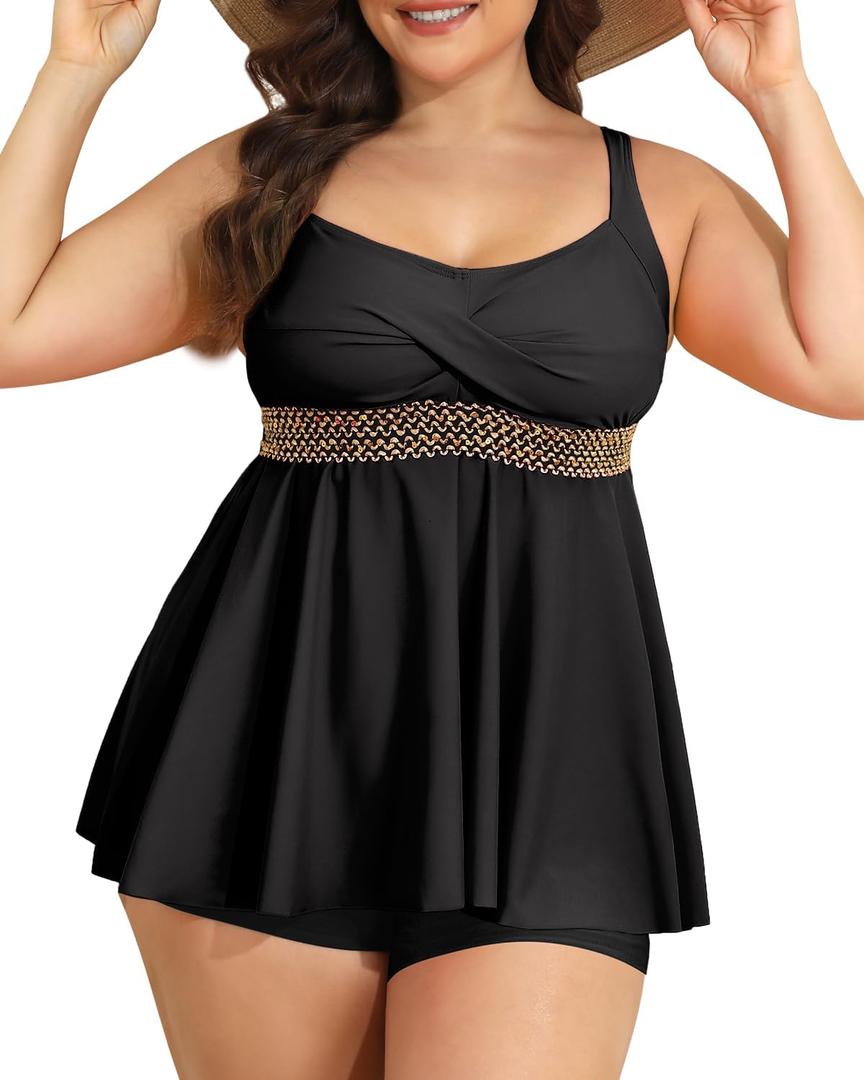HEYTALALA Womens Plus Size Tankini Swimsuits 2 Piece Tummy Control Bathing Suit Flowy Swim Tank Tops with Boyshorts 2025 (Black) 4XL