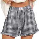 ANRABESS Boxer Shorts for Women,Gingham Plaid Elastic Waist Ruffle,Perfect for Lounge,Pajama&Sleep,Cute Casual Summer Bottoms (M)