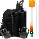 Insulated Water Bottle 128oz,Triple Wall Vacuum Stainless Steel(Dishwasher Safe),Leak Proof & Non-BPA,Flask Jug with Paracord Handle & Straw Spout Lids Sports Black