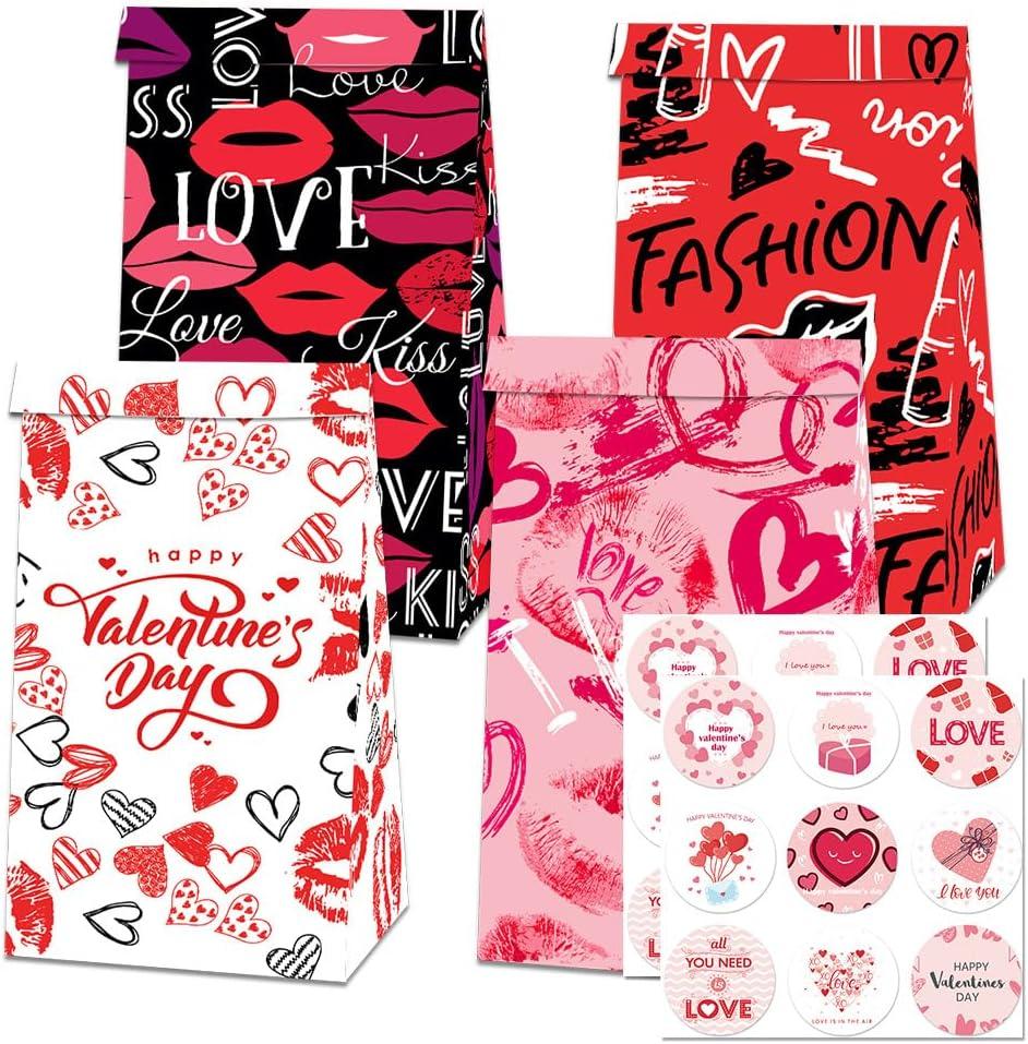 mdgfge Valentine's Day Paper Bags Heart Love Candy Paper Bags Party Favor with Tag Sticker Decals Red Black Candy Treat Present Wrapping Bags for Wedding Party Decor Supplies (12Pcs)