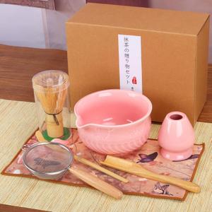 Pink Matcha Whisk Set, 8 Pcs Ceramic Matchas Set Includes Bowl, Whisk and Holder, Scoops, Bamboo Scoop, Scoop Rest, Sifter and Tea Towel, Kit for Matcha-Lovers