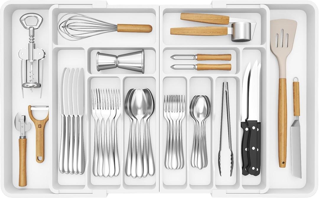Lifewit Large Silverware Drawer Organizer, Expandable to 36 Inches Wide, BPA Free Plastic Utensil Tray for Kitchen, Adjustable Flatware and Cutlery Holder for Spoons Forks Knives, White