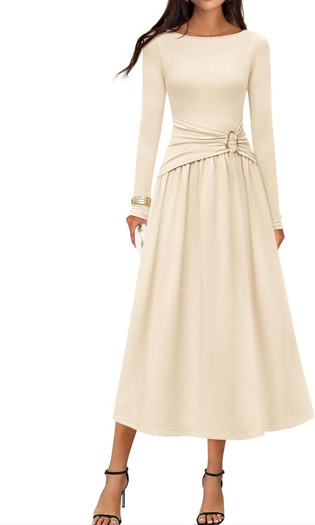 MEROKEETY Women's 2025 Fall Long Sleeve Midi Dress Elegant Boat Neck Ruched Swing Cocktail Party Dresses (Beige, S)