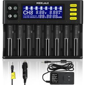 18650 Battery Charger, MIEKLALE 8+2 Bays Smart Universal Battery Charger with LCD Display for Rechargeable Batteries Li-ion LiFePO4 RCR123 16340 26650 10440 14500 & 9V, NiMH NiCd AAA AA(8+2Slots)