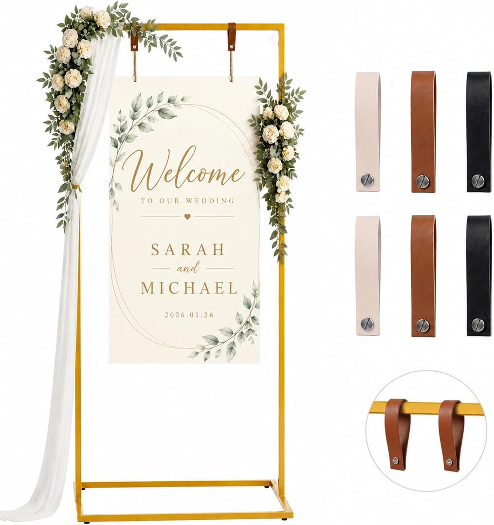 Wedding Welcome Sign Stand, 67" Tall Height - Gold Metal Sign Holder with 6 Leather Straps, Easel Stand for Seating Charts & Event Décor