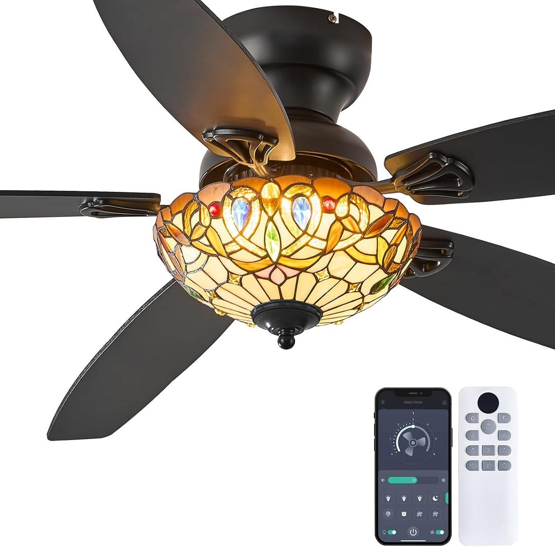 Ceiling Fans with Lights - 52" Ceiling Fan Chandelier with 5 Dual-Blades and Glass Shade, 6 Speeds and Reversible, Indoor and Outdoor, Retro Style, 52in