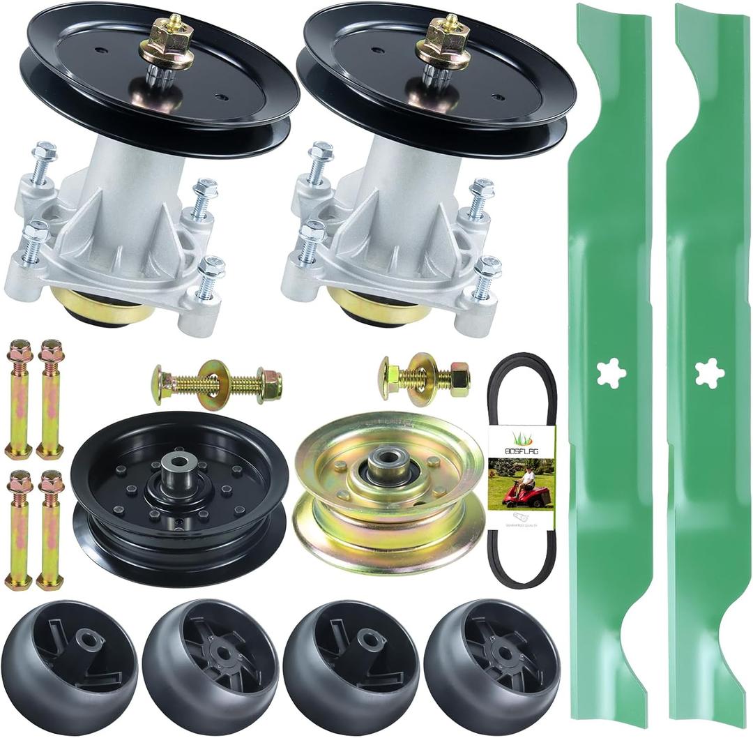 46 Inch Mower Deck Rebuild Kit Includes 2 Pack 587819701 Spindle Assembly Kit with 197473 Pulley, 177968 532196106 Idler Pulley 532405143 Belt 532174873 Wheel 532405380 Blade