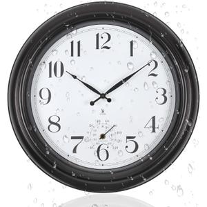 Atomic Outdoor Wall Clock 18 Inch Sealed Outdoor Waterproof Clock with Temperature, Auto-Set Time, Easy to Read - Large Patio, Pool Clock for Outside, Backyard, Garden (Dark Brown)