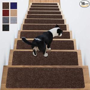 ANTDLE Stair Treads NonSlip 16 Pack 8"x30"  Carpet Stair Runner for Indoor Wooden Steps with TPE Backing & AntiSkid Surface, Reusable Adhesive Safety Rug for Kids/Elder/PetFriendly  Brown
