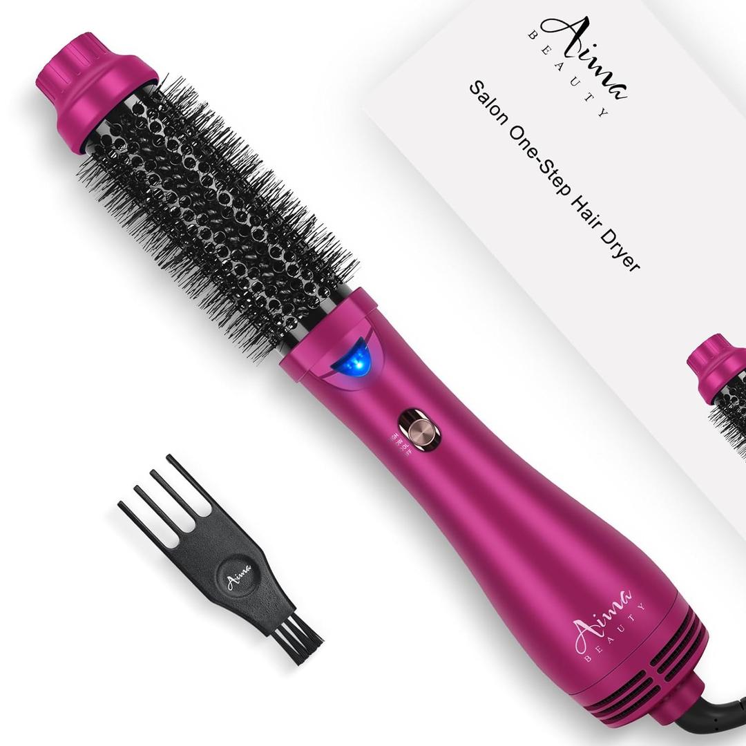 Aima Beauty One Step Hair Dryer & Volumizing Hot Air Brush, Ceramic Straightener Brush, Curler & Hot Comb 4 in 1 Salon Ionic Hair Brush, Rose Pink (1.18-inch Diameter-rose Pink-round Brush)