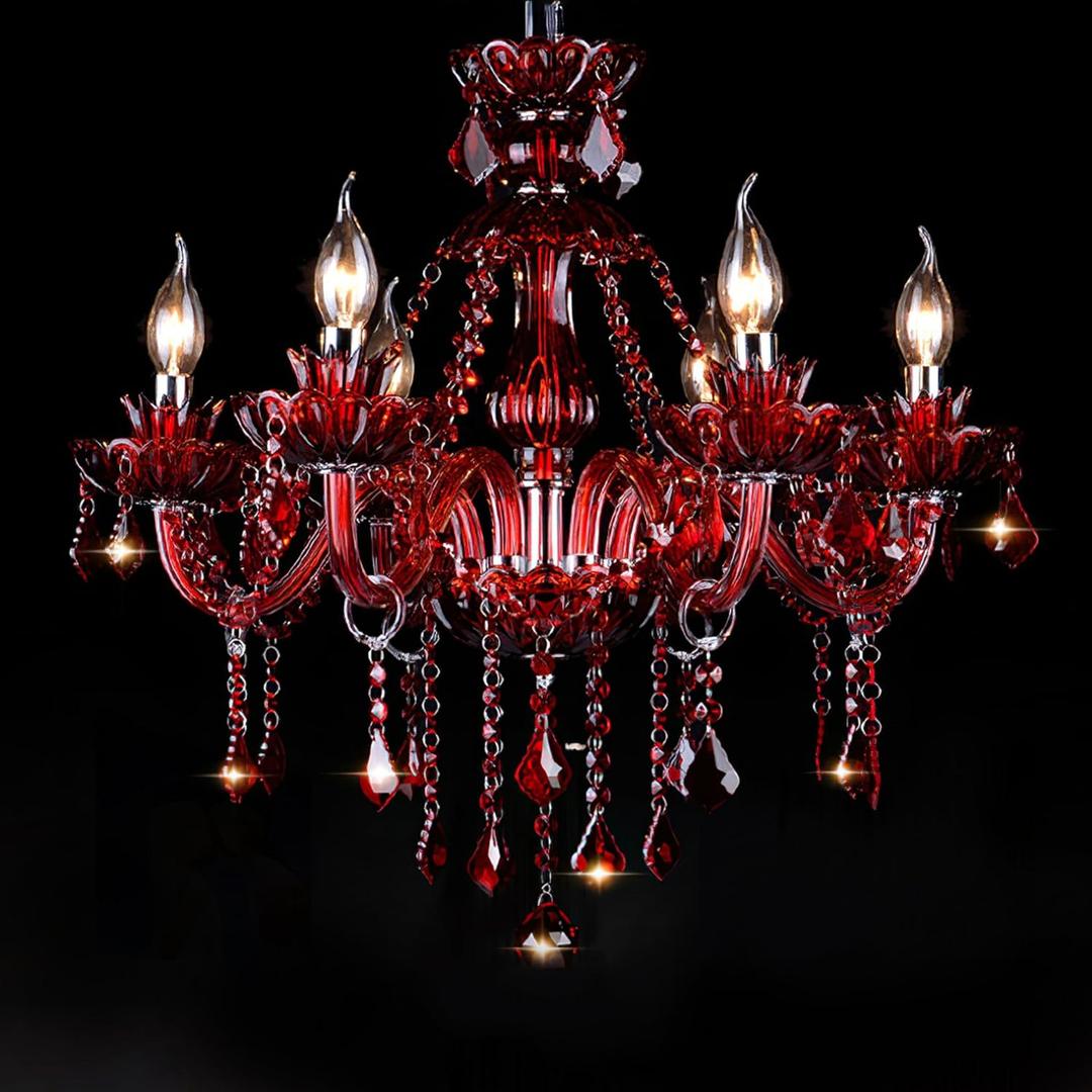 Red 6 Lights K9 Crystal Candle Chandeliers Lighting Modern Pendant Lights Crystal Modern Chandelier Candle Chandelier Lighting for Living Room Bedroom Hallway Entry E12 Base, H22 x W23.6 Inch, Red