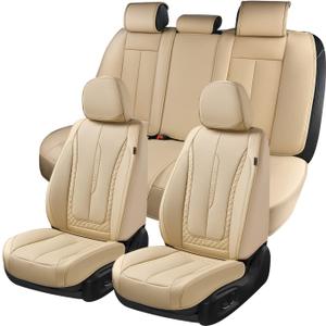 Coverado Juego completo de fundas de asiento de automvil, fundas de asiento delantero beige para asientos delanteros y traseros, de piel de napa impermeable, cojn para asiento de automvil,