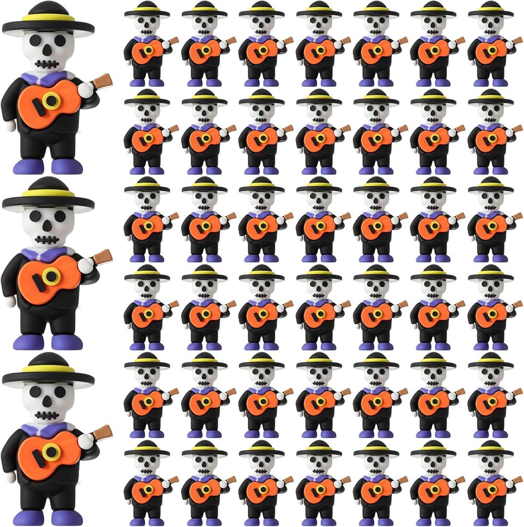 50 Pcs Halloween Day of The Dead Mini Figurines Little Da De Muertos Figures Mariachi Band Mini Skeleton Skull Statue for Hide and Seek Props Window Desk Kitchen Decorations Party Gifts
