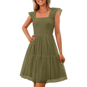 PRETTYGARDEN Womens 2025 Trendy Mini Summer Dresses Sleeveless Tulle Ruffle Square Neck Tiered Smocked Beach Vacation Dress (Green, S)
