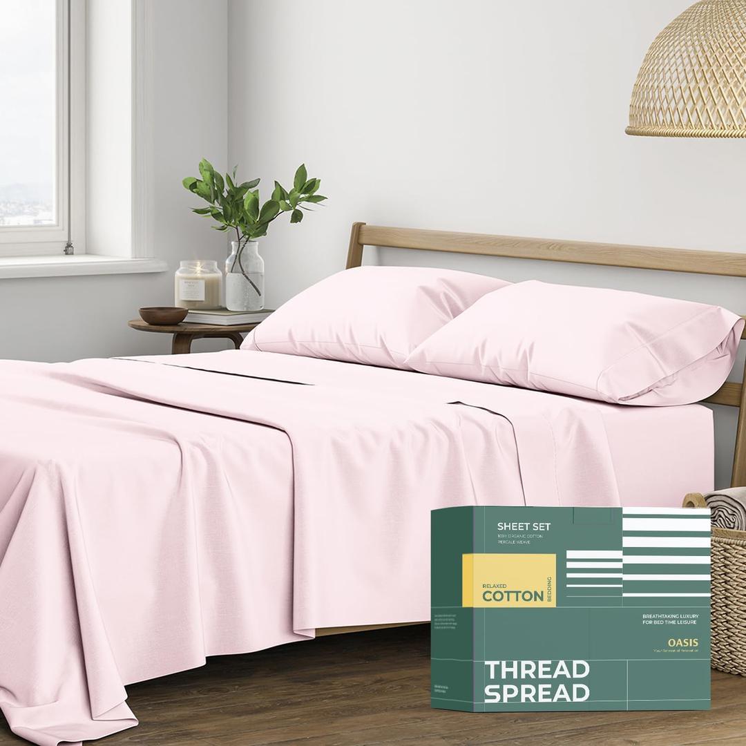 THREAD SPREAD 100% Organic Cotton Sheets Queen Size - 4 PC Organic Cotton Queen Size Percale Weave Sheet Set, Soft, Cooling, Crisp & Breathable, 16" Deep Pocket Hotel Quality Bedding Set - Blush