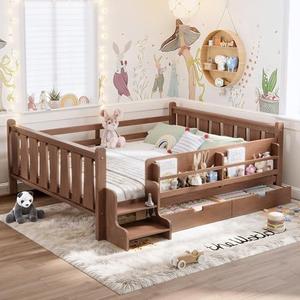 Bellemave Natural Montessori Bed with Stairs and 2 Storage Drawers, Queen Size Montessori Bed Frame with Large Bookcase, Headboard and Footboard, Low Profile Beds Frame for Girls, Boys, Queen