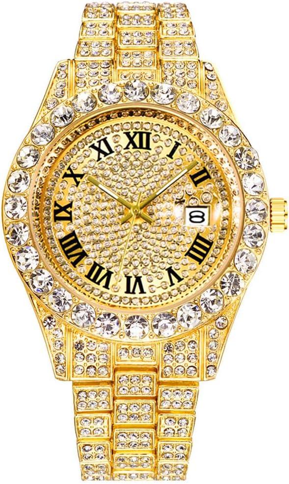 Hip Hop Watches for Men Iced-Out Bling Diamond Luxury Quartz Watches with Date, 42mm Face Diamond Gold