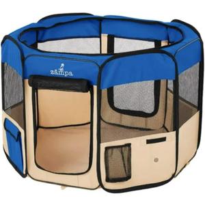 Zampa Dog Playpen Medium 45"x45"x24" Pop Up Portable Playpen for Dogs and Cat, Foldable | Indoor/Outdoor Pen & Travel Pet Carrier + Carrying Case. (Blue)