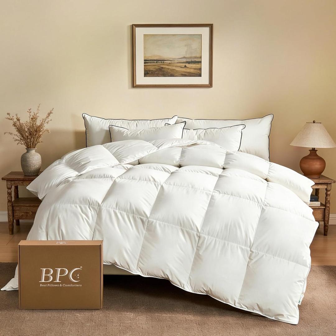 BPC Goose Feather Down Fiber Comforter Queen Size – 100% Organic Cotton Cover, 750 Fill Power Extra Fluffy All Season Duvet Insert, Medium Warmth (90"x90", White)