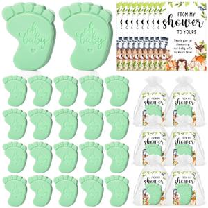50 Sets Baby Shower Soap Favors for Guests - Mini Handmade Footprint Scented Soap with Thank You Cards and Organza Bag, Party Gifts for Gender Reveal Baptism Shower(Light Green)