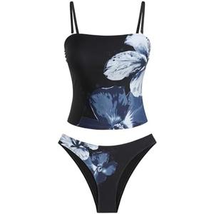 ZAFUL Women's Floral Tankini Swimsuits Bandeau Tummy Control High Cut Tankini Set Two Piece Bathing Suit, S