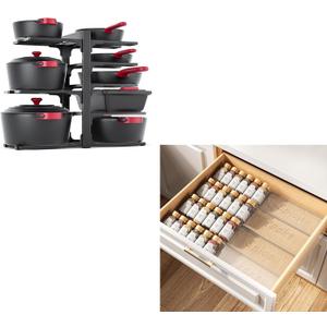 MUDEELA 8-Tier Heavy Duty Adjustable Pan Organizer Rack and 4 Tier- 4 Pack Spice Drawer Organizer Bundle