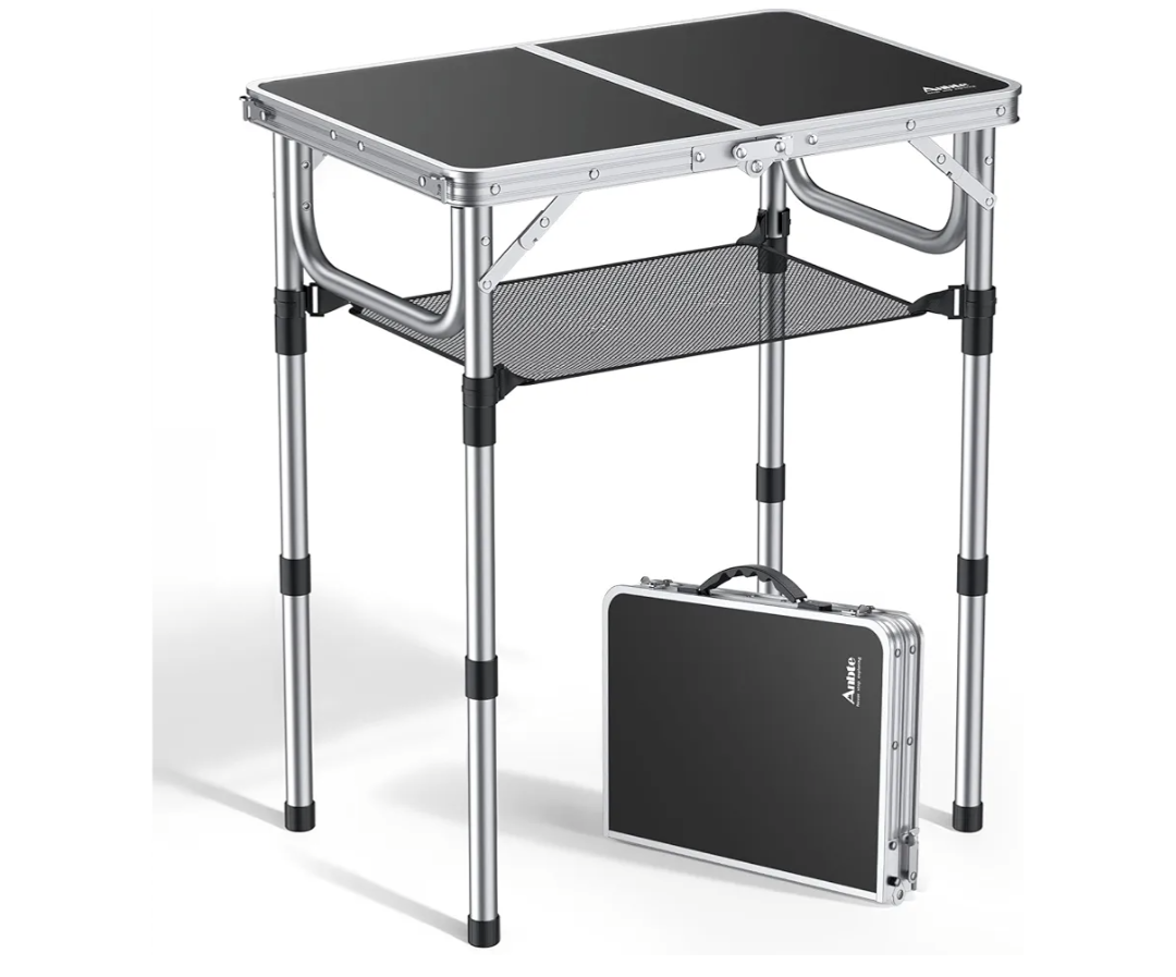 Anbte Folding Camping Table, Aluminum 24" x 16" Adjustable Height Small Folding Table with Carrying Handle, Lightweight, Portable Camping Table Waterproof for Outdoor Indoor Picnic Beach BBQ (Black)