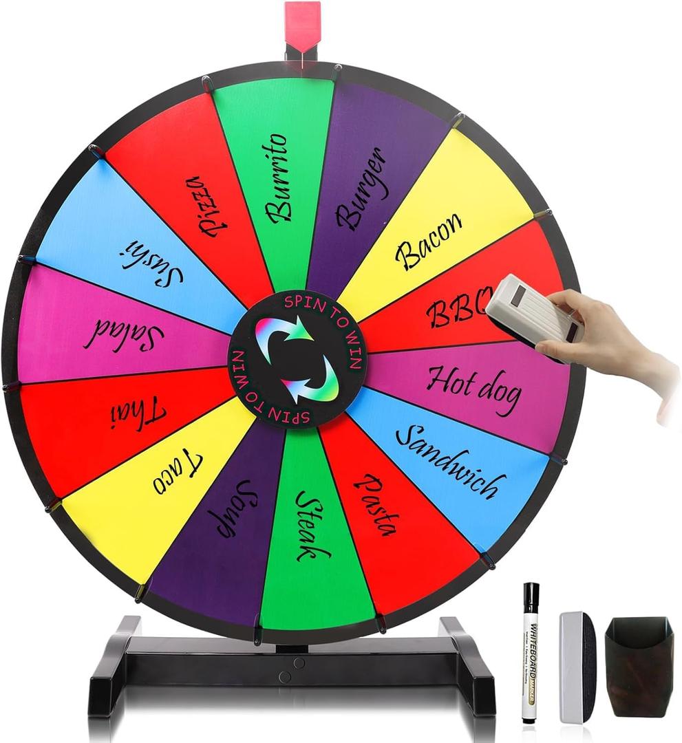 18" Tabletop Spinning Prize Wheel 14 Slots with Durable Base Stand, Spin Wheel for Prizes Dry Erase Fortune Spinner Wheel with Dry Erase Markers and Eraser for Carnival Trade Show Party