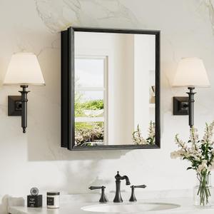 TokeShimi 16 x 20 Recessed Medicine Cabinet with Mirror, Assembly Required, Black Bathroom Medicine Cabinet with Mirror, Stepless Adjustable Shelves, Beveled Aluminum Frame, DTC Hinge