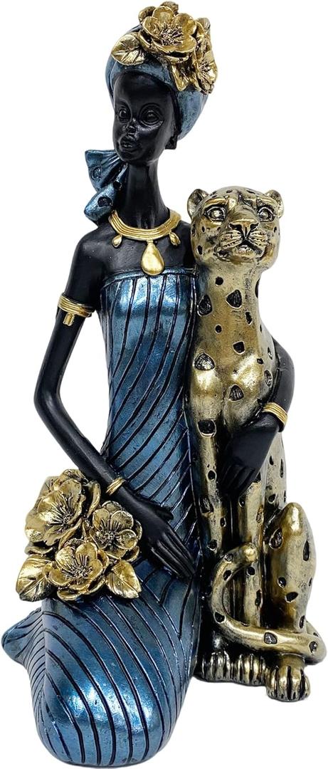 African Cheetah Statues,9.6" Animal Leopard Lady Figure Sculptures for Home Decorations/Living Room/Coffee Table/Shelves Figurines/Art Ornaments/Housewarming Decor (As504-gold)
