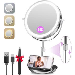 Auxmir 9" Large Lighted Makeup Mirror with Magnification, 1X/30X Double Sided Magnifying Mirror with Adjustable Height, Rechargeable Vanity Mirror with 3 Color Dimmable Lights, 360 Rotation