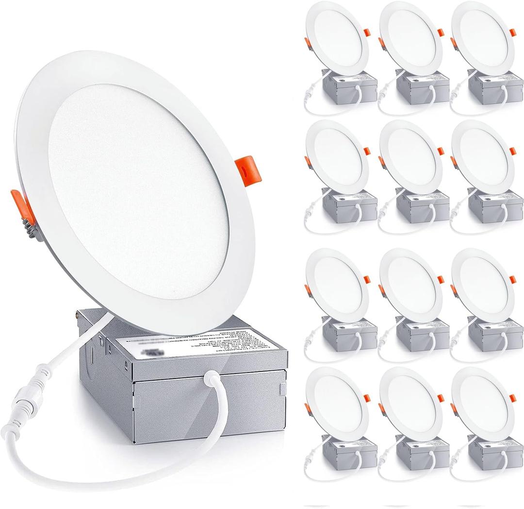 12 Pack 6 Inch Ultra-Thin LED Recessed Ceiling Light with Junction Box, LED recessed Lighting 6 inch 12W 110W Eqv, LED Downlights,1050LM High Brightness can Lights