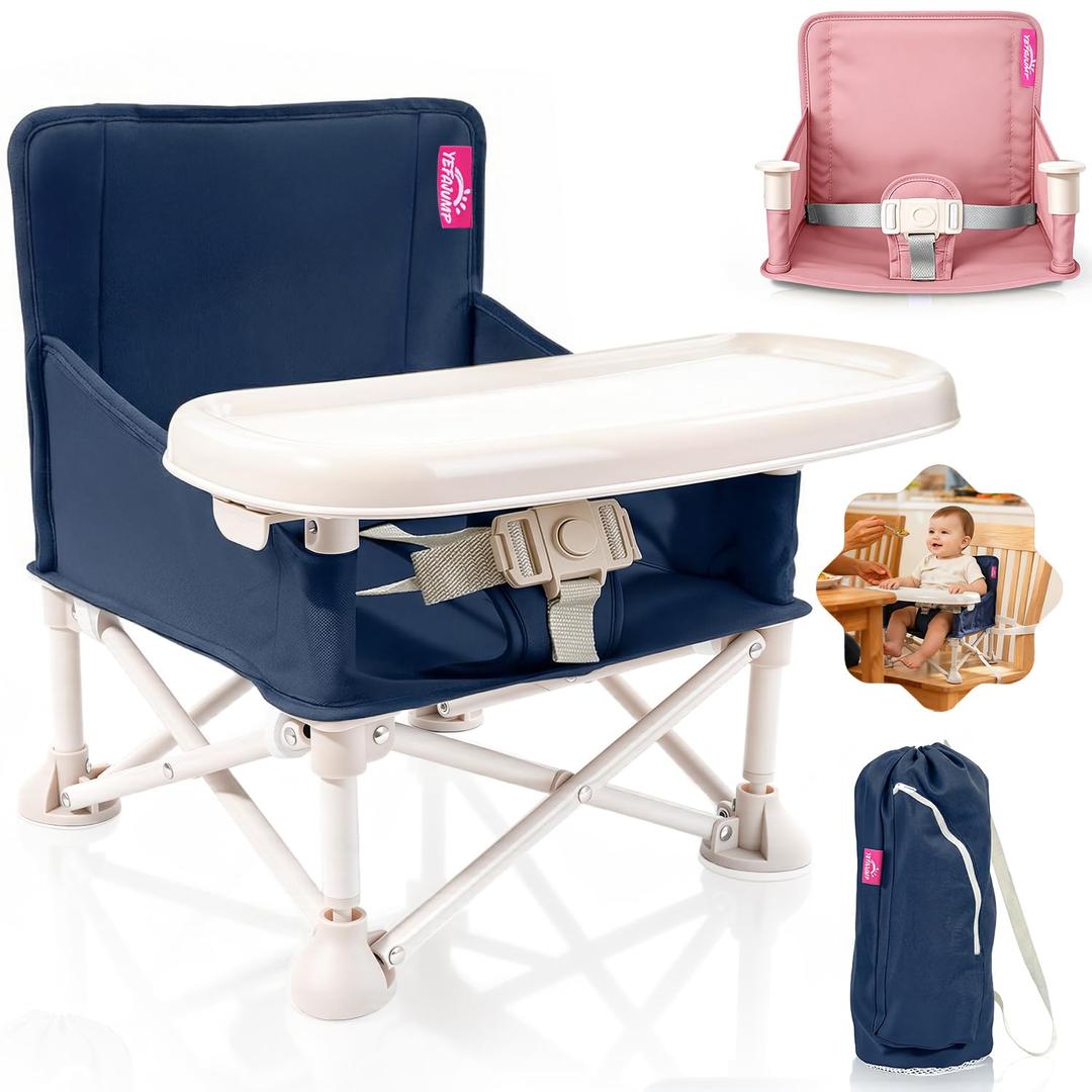 Portable Baby Chair, Baby Beach Chair with 2-Pack Interchangeable Seat Covers, Portable Booster Seat with Tray & Travel Bag, Compact Foldable, Easy-Swap Colors, Perfect for Travel
