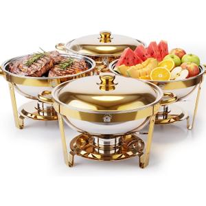 4 Pack 6QT Gold Chafing Dishes for Buffet, Round Chafing Dish Set 304 Stainless Steel Food Warmer Tool-Free Assembly Buffet Servers and Warmers to Keep Food Hot or Cold, for Party, Wedding, Catering