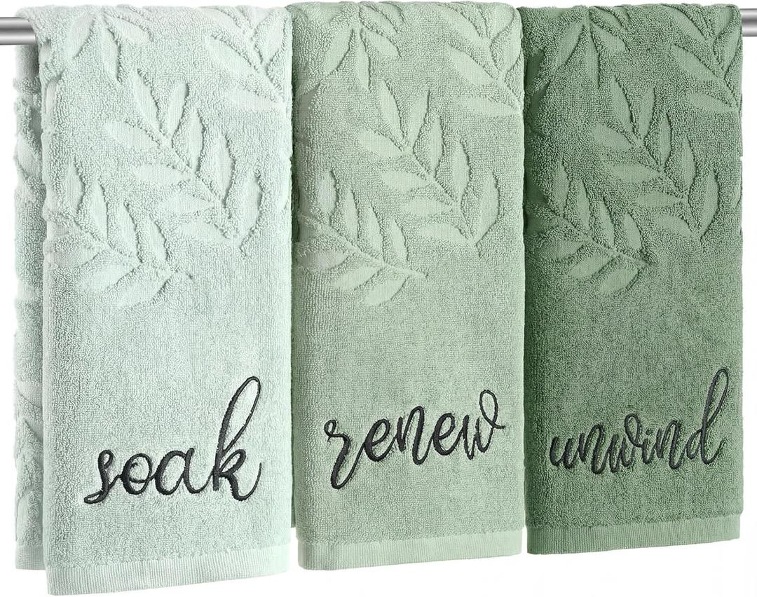 Moukeren 3 Pcs Sage Green Hand Towels for Bathroom 100% Cotton Jacquard Embroidered Soak Unwind Bath Towels Bathroom Spa Kitchen Dishcloth Gift Set Farmhouse Decorations (Green Leaves)