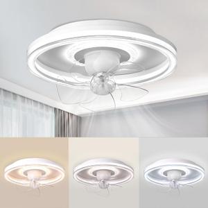 360 Rotation Low Profile Ceiling Fan with Lights, White, 20 Inch Modern Ceiling Fan Flush Mount, Quiet DC Motor for Bedroom, Living Room