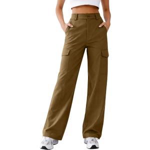 Women's High Waist Cargo Pants with Multiple Pockets Comfortable Flexible Fit Casual Wear Work Hiking (Khaki)