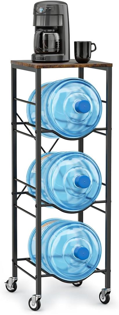 5 Gallon Water Jug Holder - 3-Tier Water Jug Rack with Wheel Reinforced X-Shape Design, 5 Gallon Water Jug Stand with Storage Shelves for Kitchen, Living Room, Office